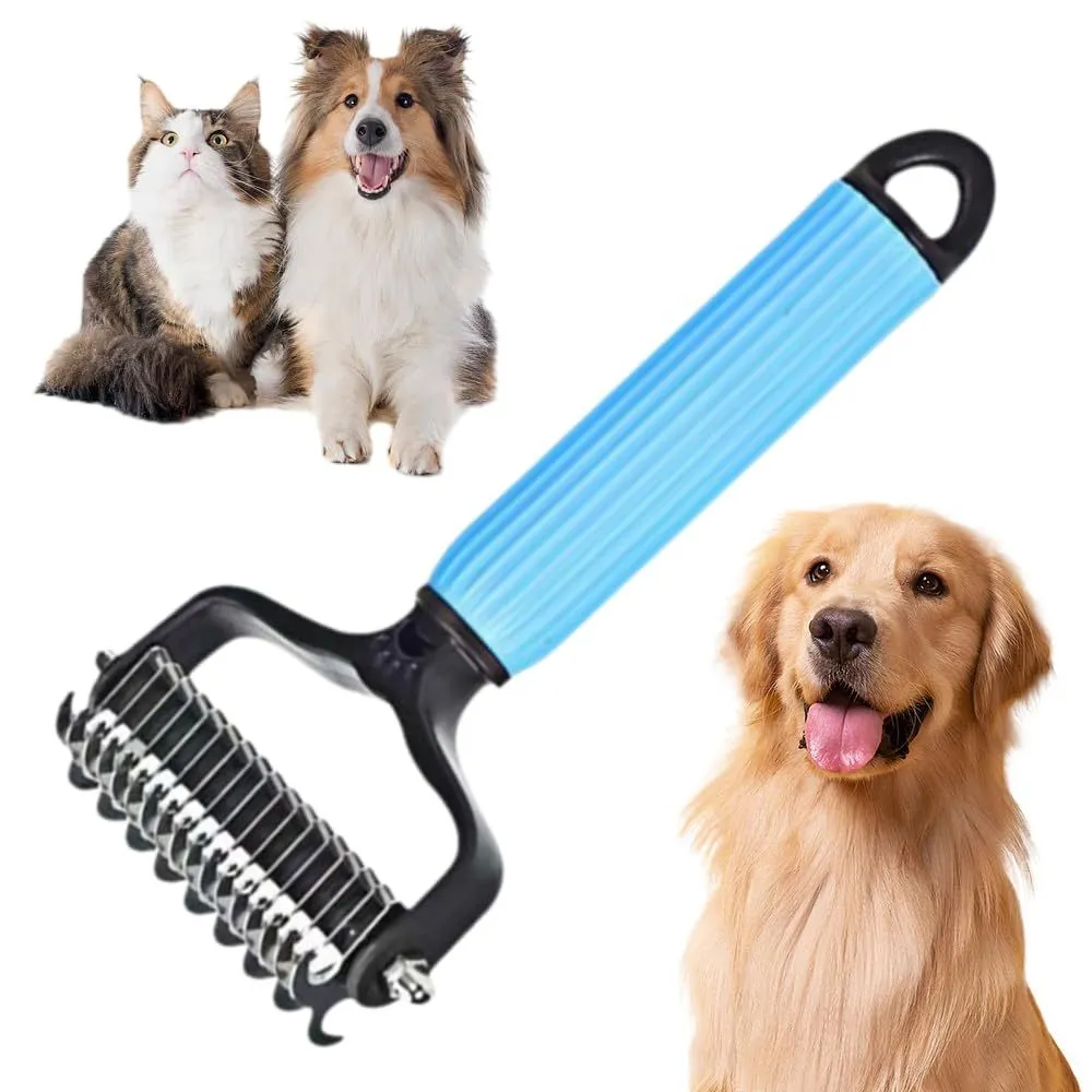 Pet dematting comb with double-sided stainless steel teeth in blue colour
