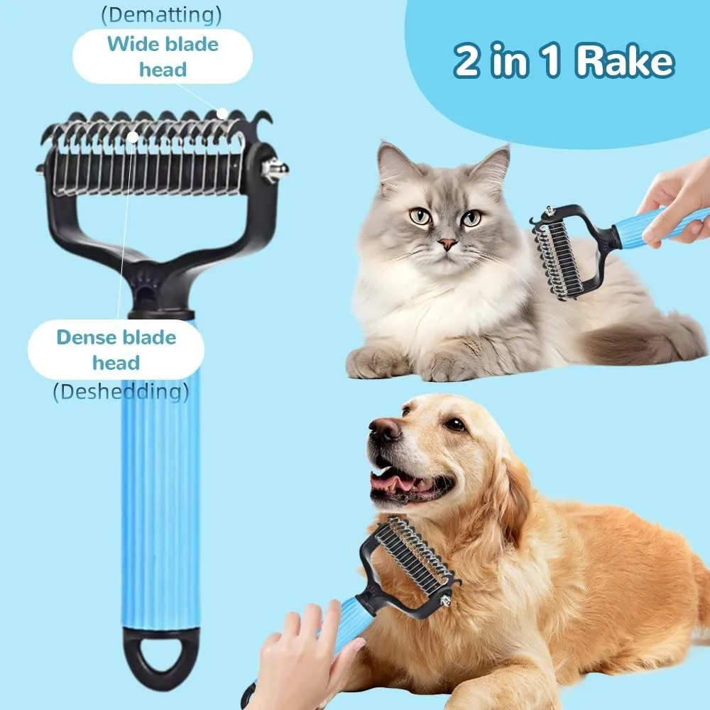 Pet dematting comb with double-sided stainless steel teeth in blue colour
