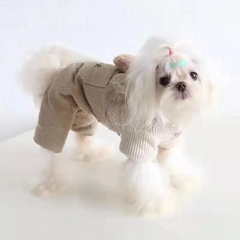 Fleece-lined four-legged dog overalls in dark brown colour for small and medium pets
