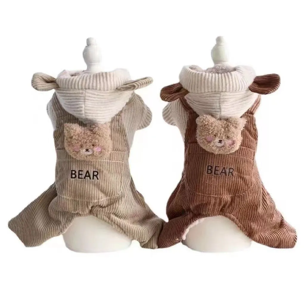 Fleece-lined four-legged dog overalls in dark brown colour for small and medium pets