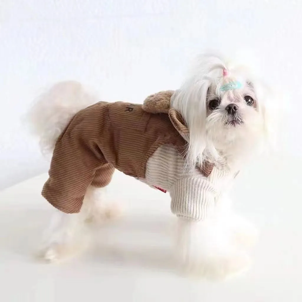 Fleece-lined four-legged dog overalls in dark brown colour for small and medium pets