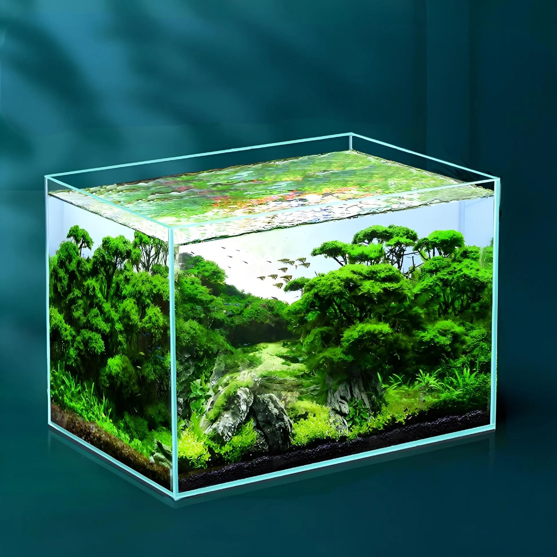 Super white glass fish tank in medium size for desktop use, clear glass construction