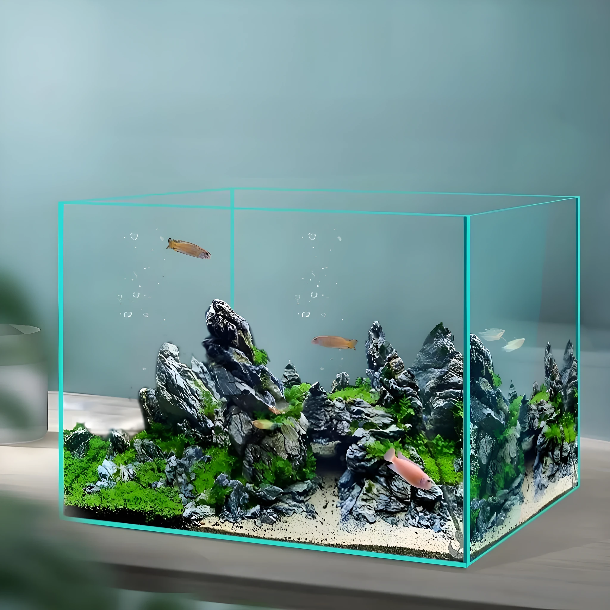 Super white glass fish tank in medium size for desktop use, clear glass construction