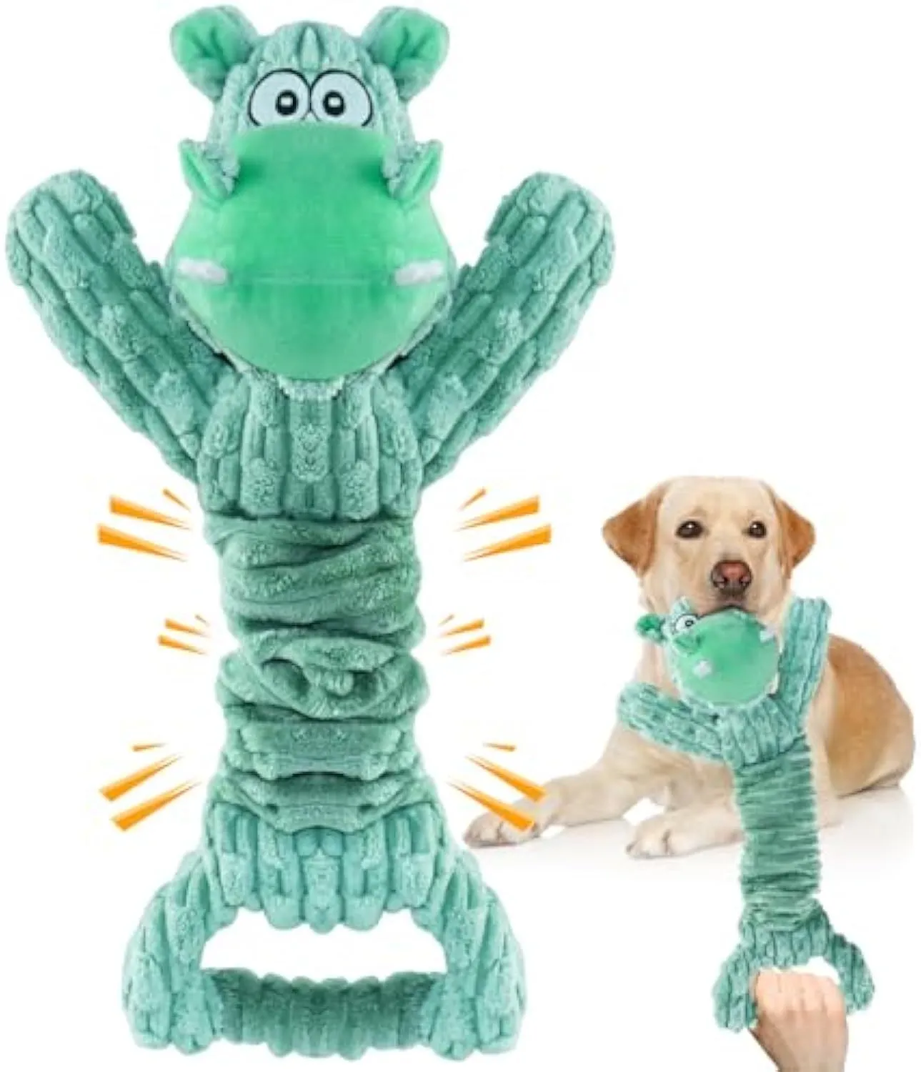 Large plush dog toy with tug handle in hippo or monkey design for interactive play