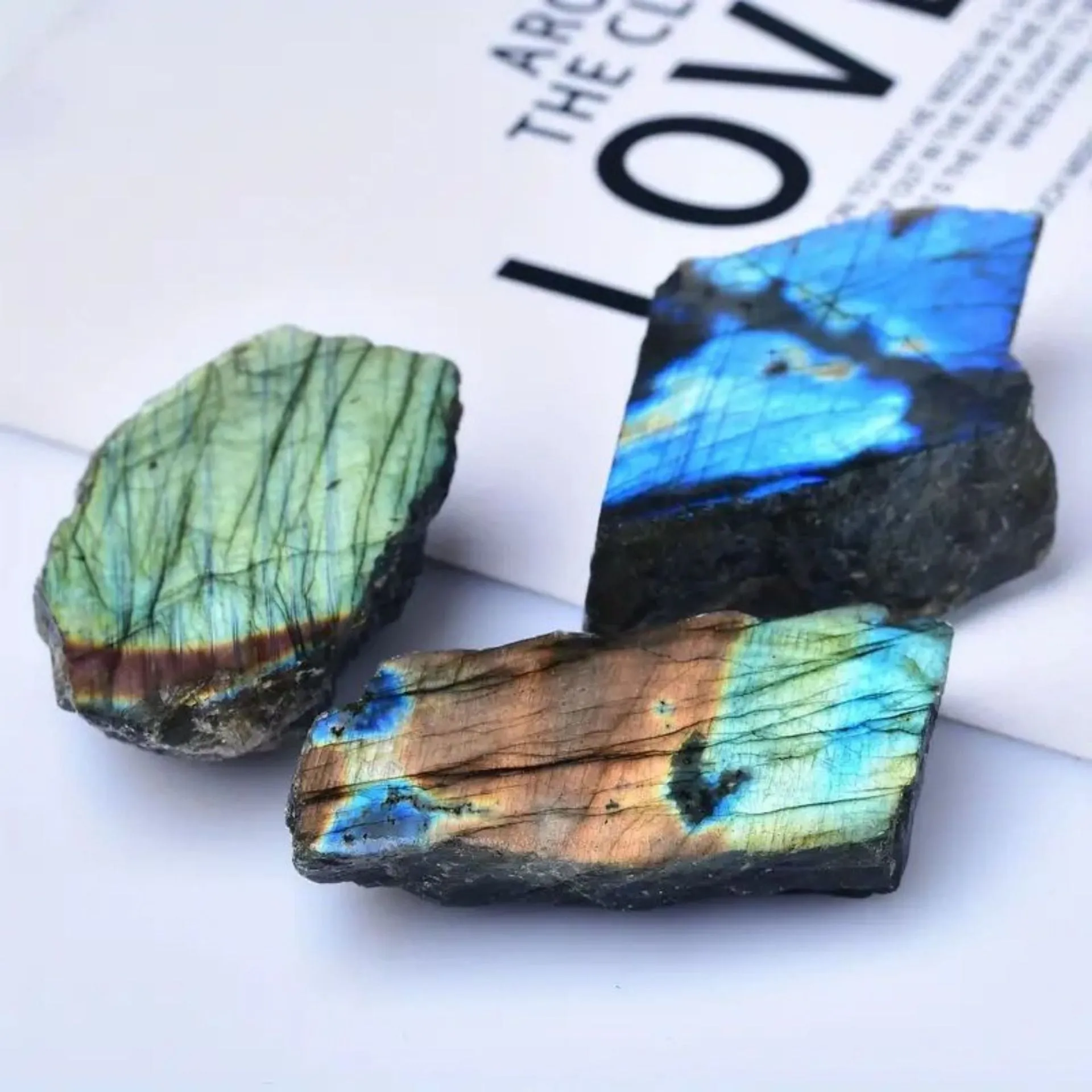 Natural labradorite polished slate ornament with iridescent colour play, hand-polished smooth finish
