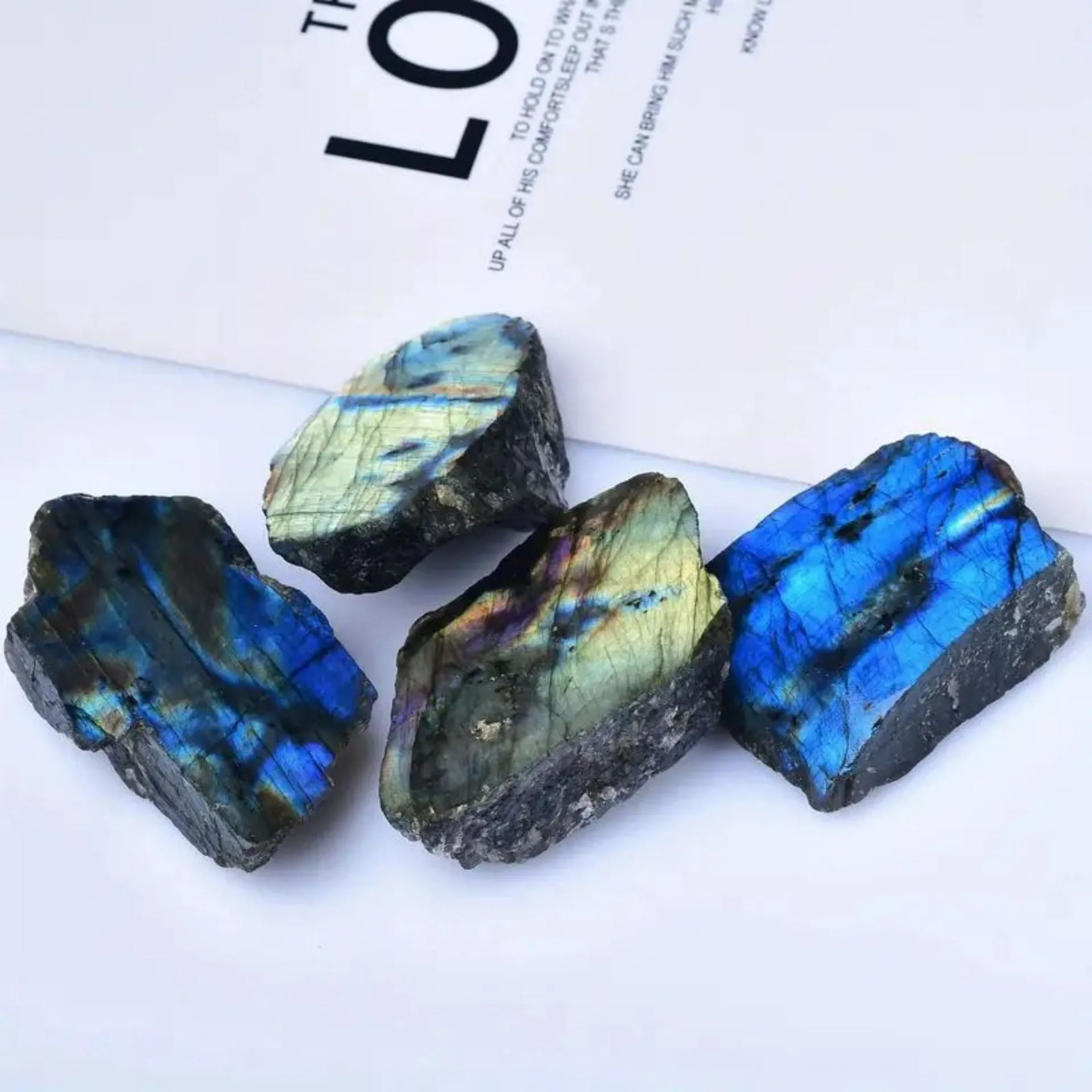 Natural labradorite polished slate ornament with iridescent colour play, hand-polished smooth finish