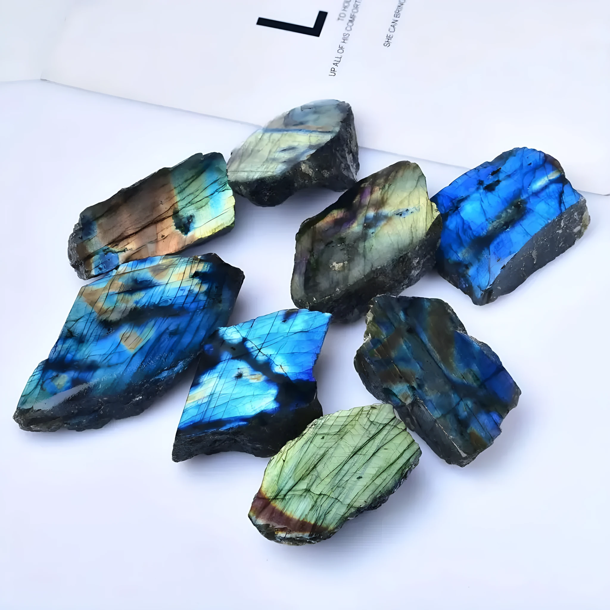 Natural labradorite polished slate ornament with iridescent colour play, hand-polished smooth finish