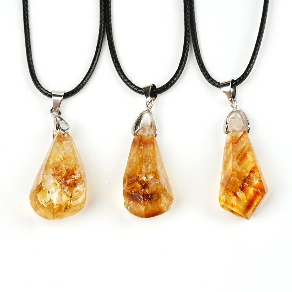 Natural citrine cluster pendant necklace with polished yellow tower crystal geometric drop on leather rope