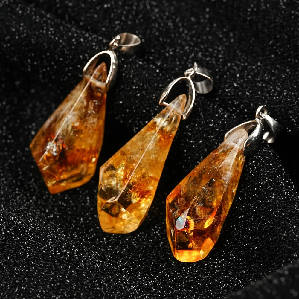 Natural citrine cluster pendant necklace with polished yellow tower crystal geometric drop on leather rope