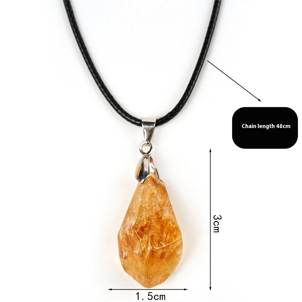 Natural citrine cluster pendant necklace with polished yellow tower crystal geometric drop on leather rope