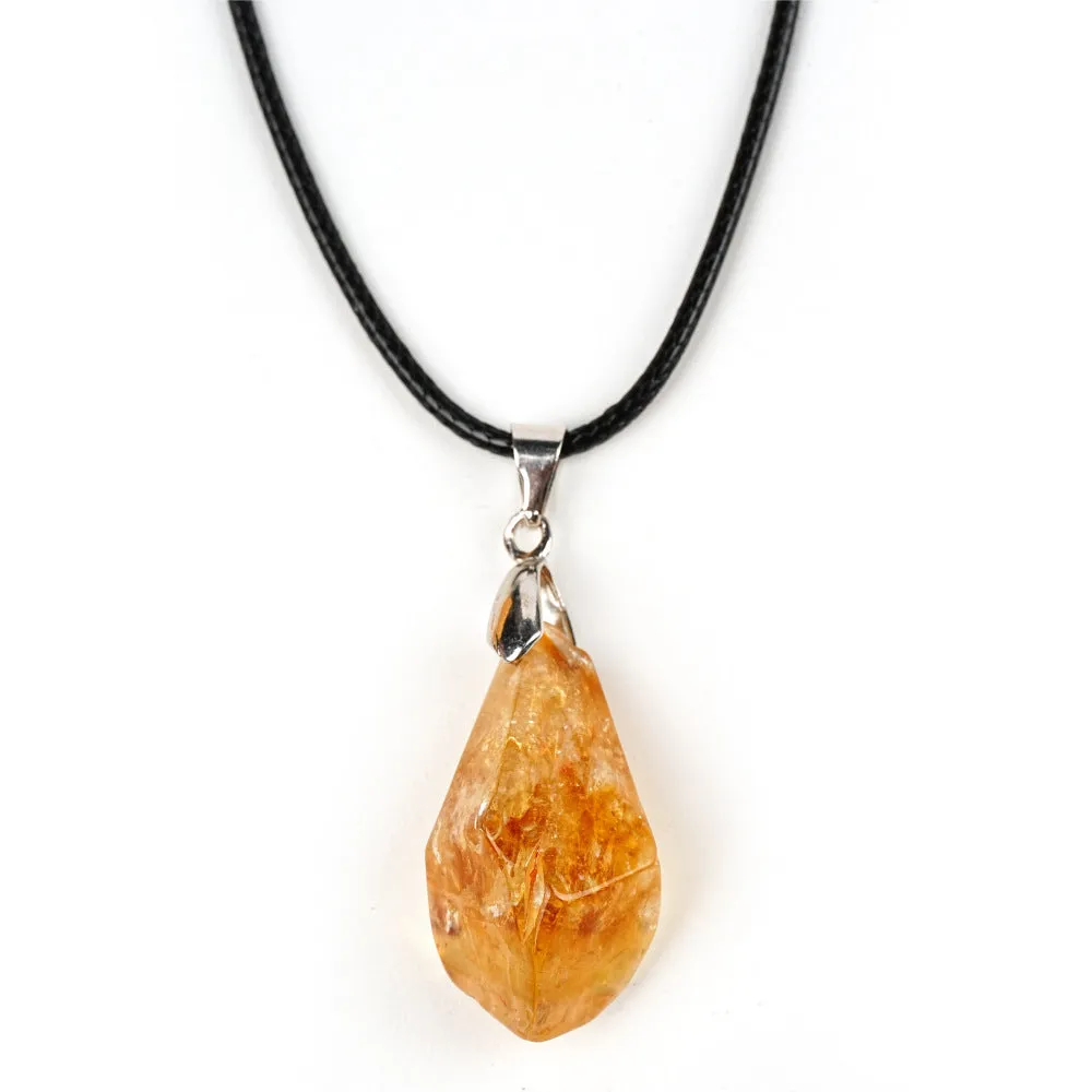 Natural citrine cluster pendant necklace with polished yellow tower crystal geometric drop on leather rope