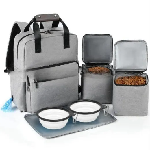 Gray Oxford cloth pet outdoor bag set with placemat and two folding bowls arranged on a table