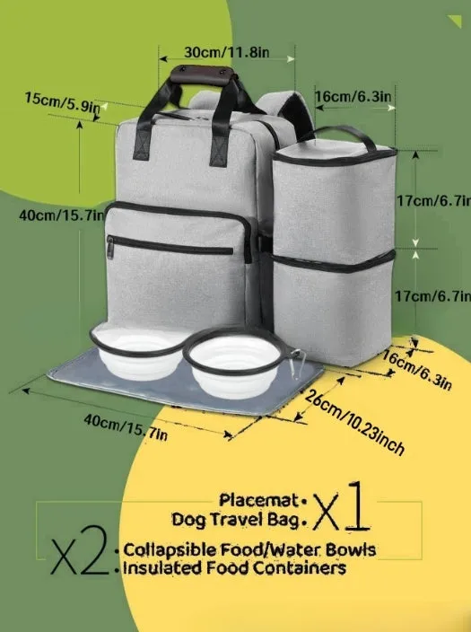 Gray Oxford cloth pet outdoor bag set with placemat and two folding bowls arranged on a table