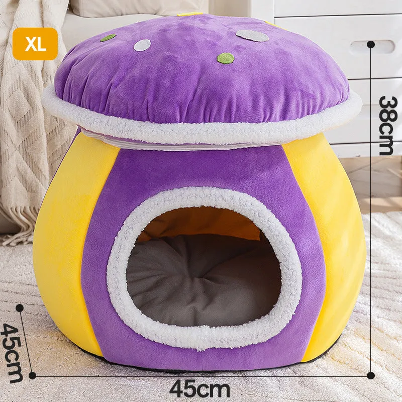 Grey mushroom-shaped cat bed made of thick plush, with a removable blanket inside.