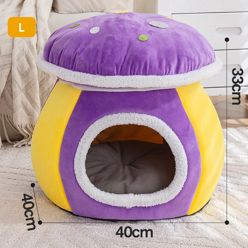 Grey mushroom-shaped cat bed made of thick plush, with a removable blanket inside.