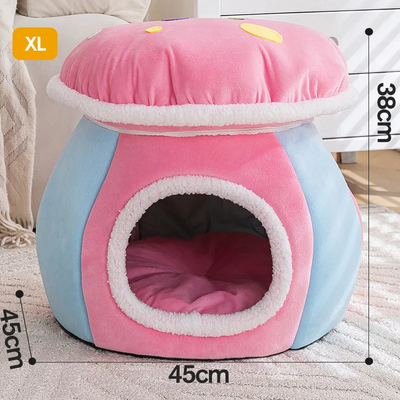 Grey mushroom-shaped cat bed made of thick plush, with a removable blanket inside.