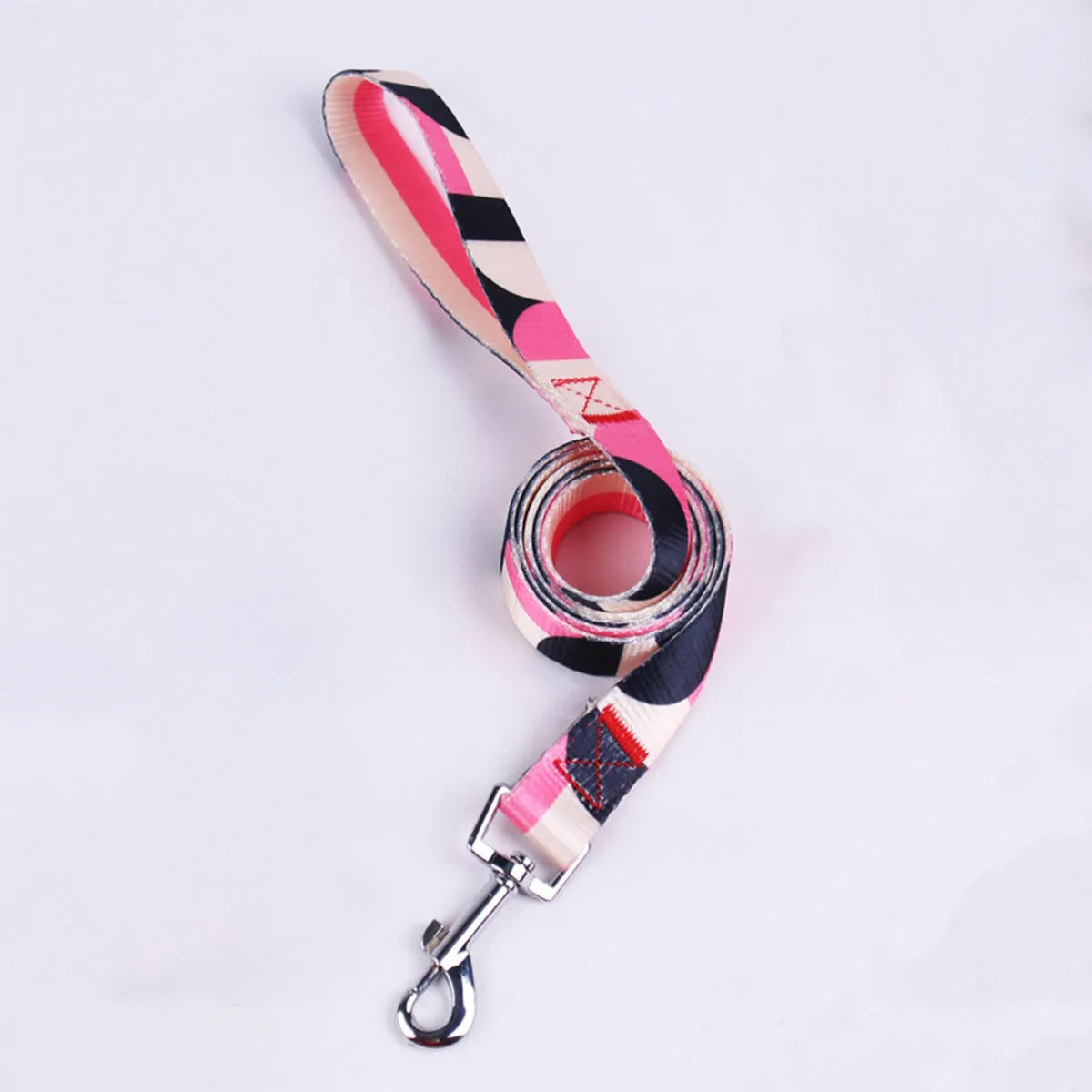 Polyester dog leash collar three-piece set in pink white with hand held rope
