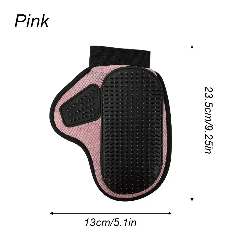 Gray pet grooming glove with silicone massage tips for removing loose cat and dog hair
