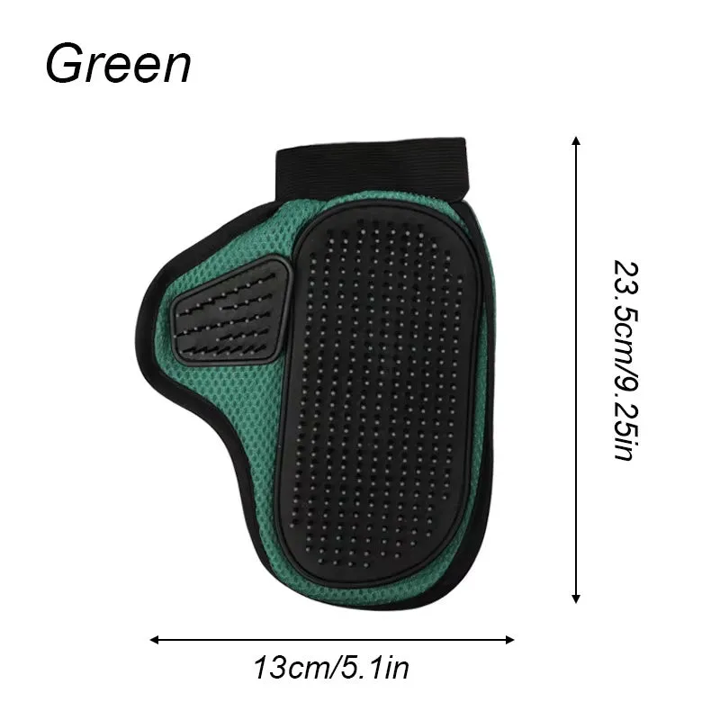 Gray pet grooming glove with silicone massage tips for removing loose cat and dog hair