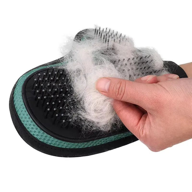 Gray pet grooming glove with silicone massage tips for removing loose cat and dog hair