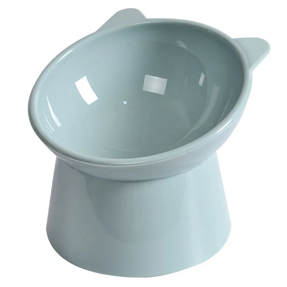 Ergonomic tilted raised plastic cat food bowl in blue with non-slip base for anti vomiting feeding