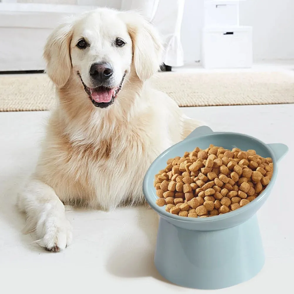 Ergonomic tilted raised plastic cat food bowl in blue with non-slip base for anti vomiting feeding