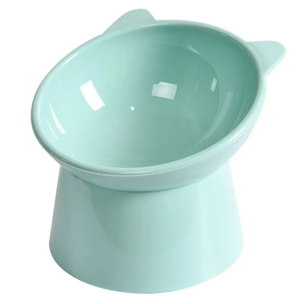 Ergonomic tilted raised plastic cat food bowl in blue with non-slip base for anti vomiting feeding