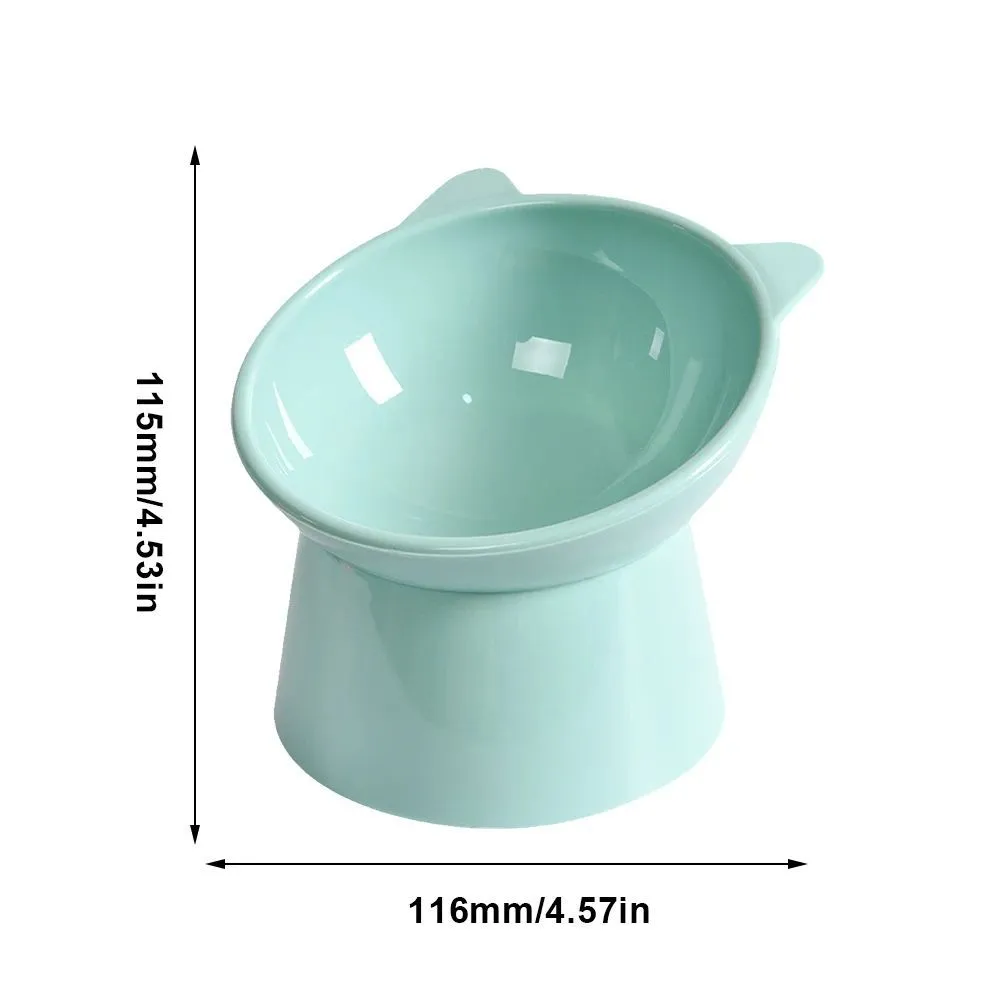 Ergonomic tilted raised plastic cat food bowl in blue with non-slip base for anti vomiting feeding
