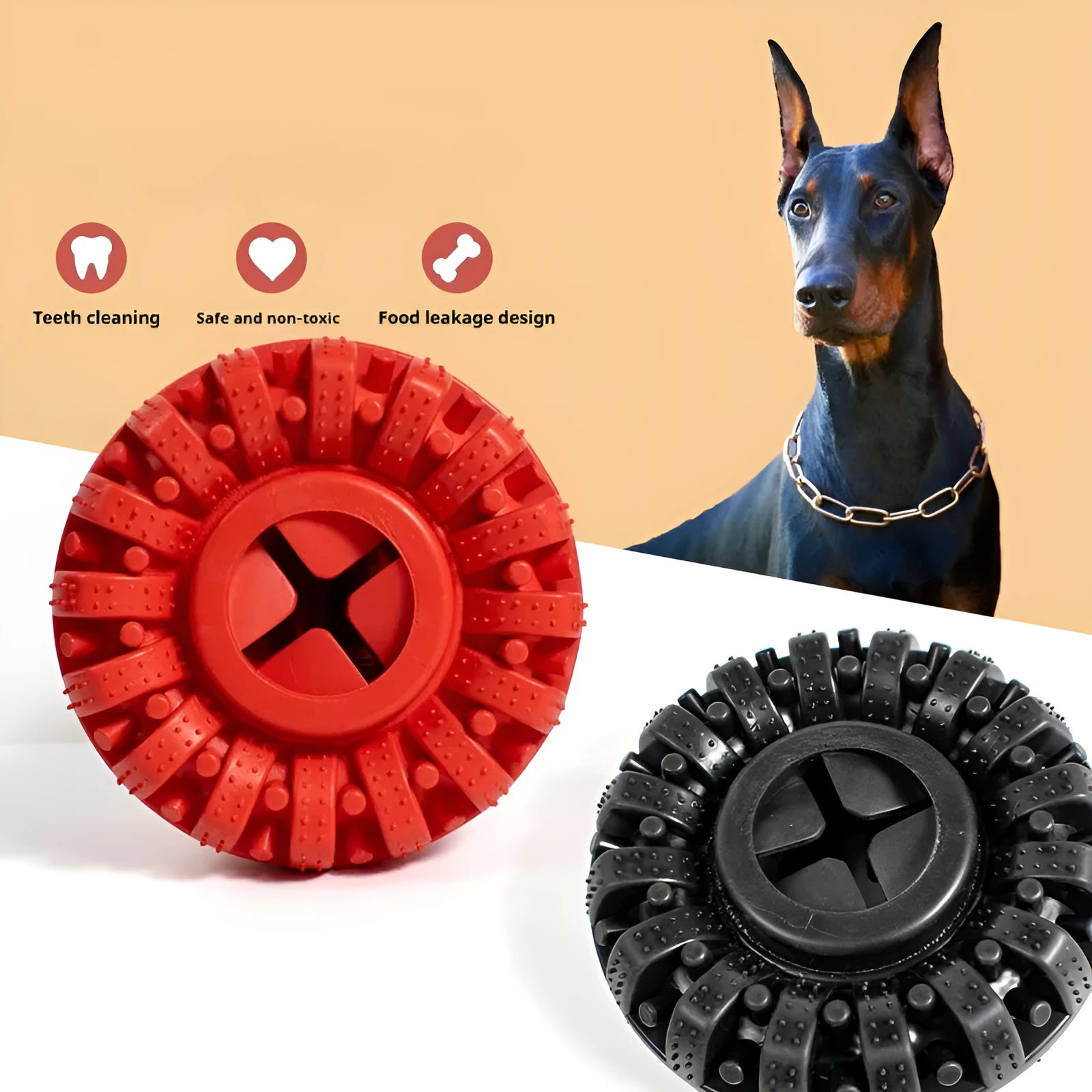 Black and red TPR dog food leakage tyre toy on surface, 14x5cm size