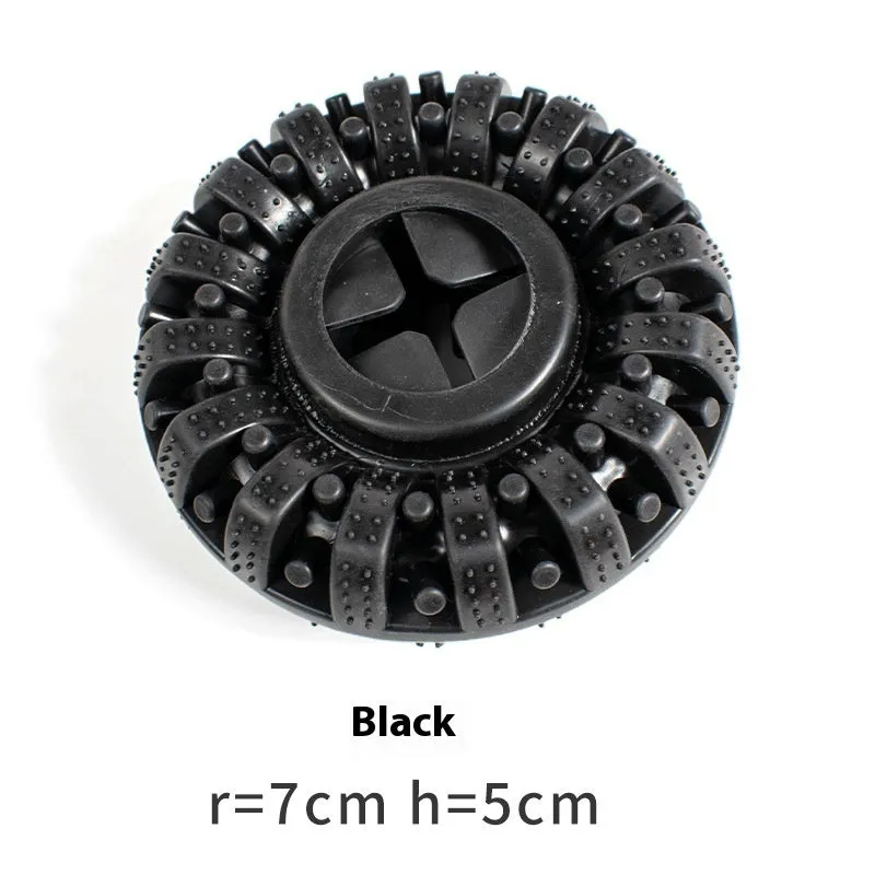 Black and red TPR dog food leakage tyre toy on surface, 14x5cm size