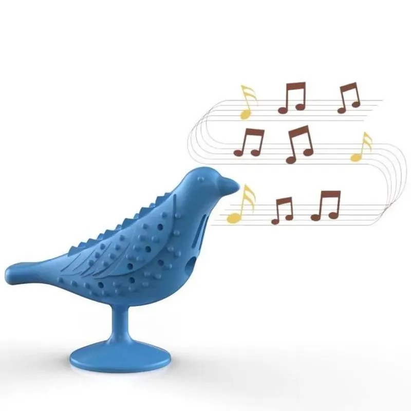 Blue interactive bird shape cat toy with suction cup base on a floor, 12.5x10x5cm