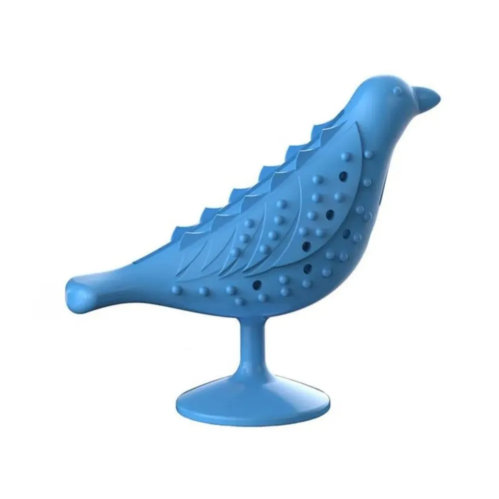 Blue interactive bird shape cat toy with suction cup base on a floor, 12.5x10x5cm