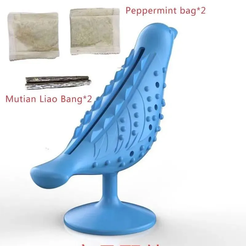 Blue interactive bird shape cat toy with suction cup base on a floor, 12.5x10x5cm