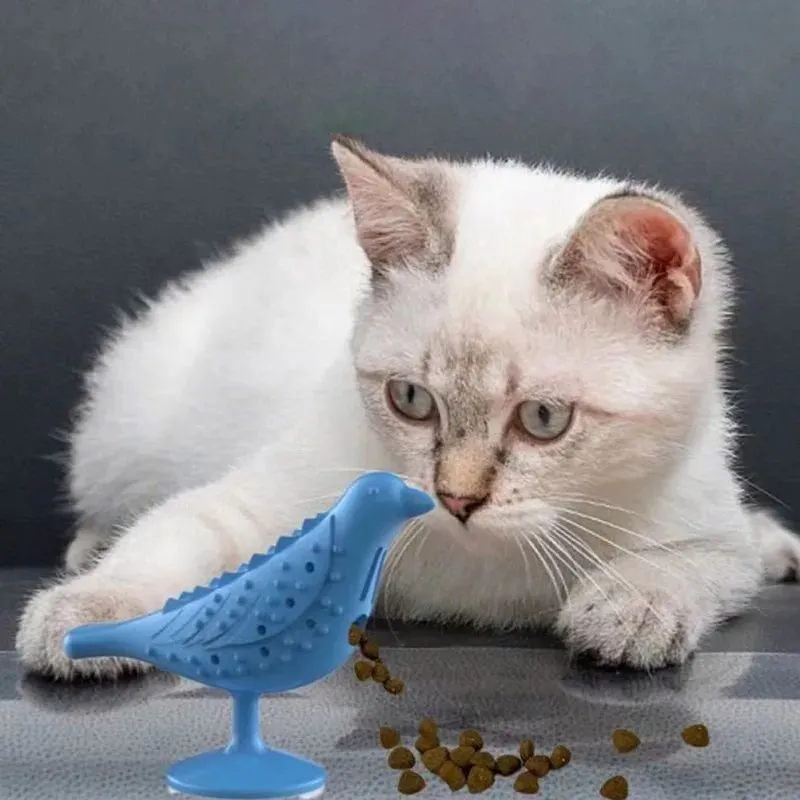 Blue interactive bird shape cat toy with suction cup base on a floor, 12.5x10x5cm