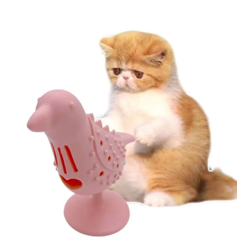 Blue interactive bird shape cat toy with suction cup base on a floor, 12.5x10x5cm