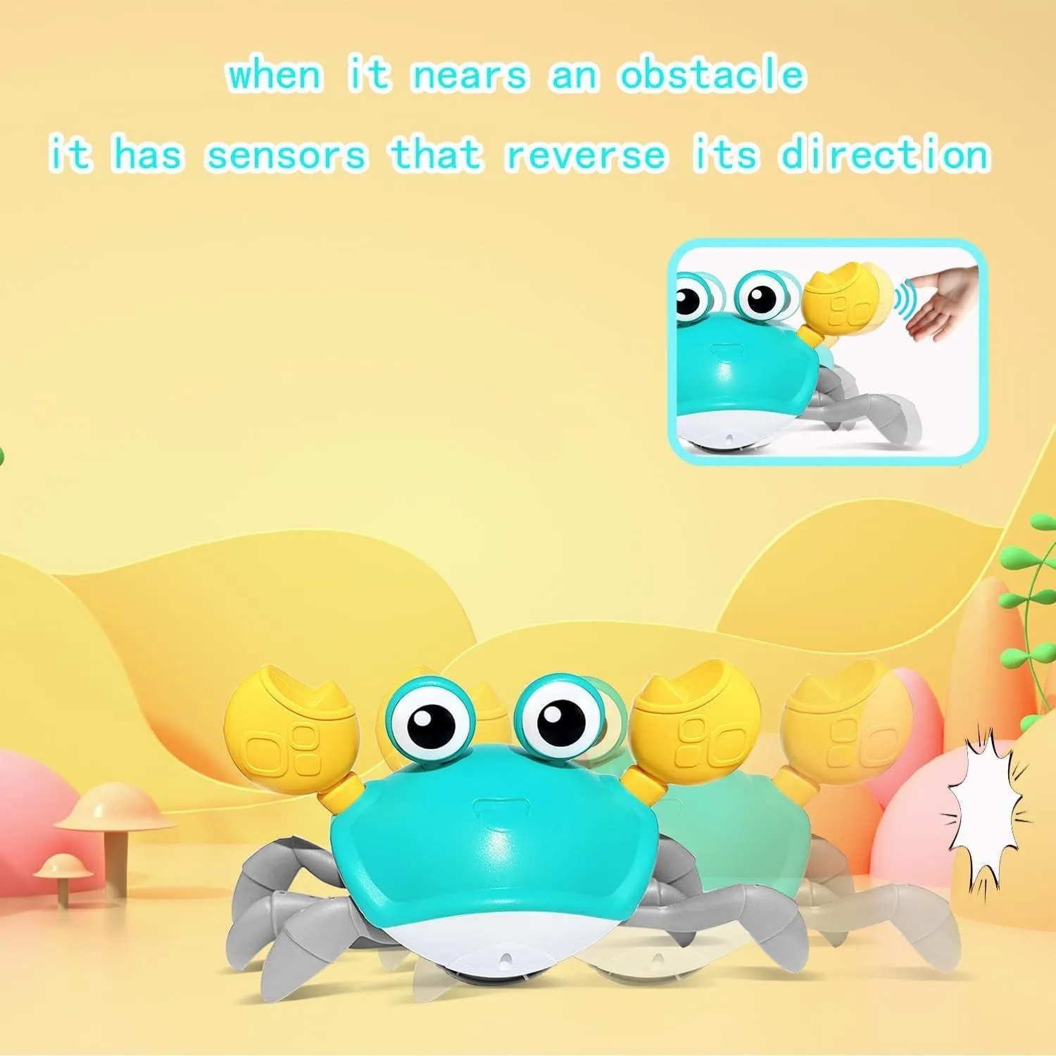 Blue crawling crab dog toy with obstacle avoidance sensors and LED lights