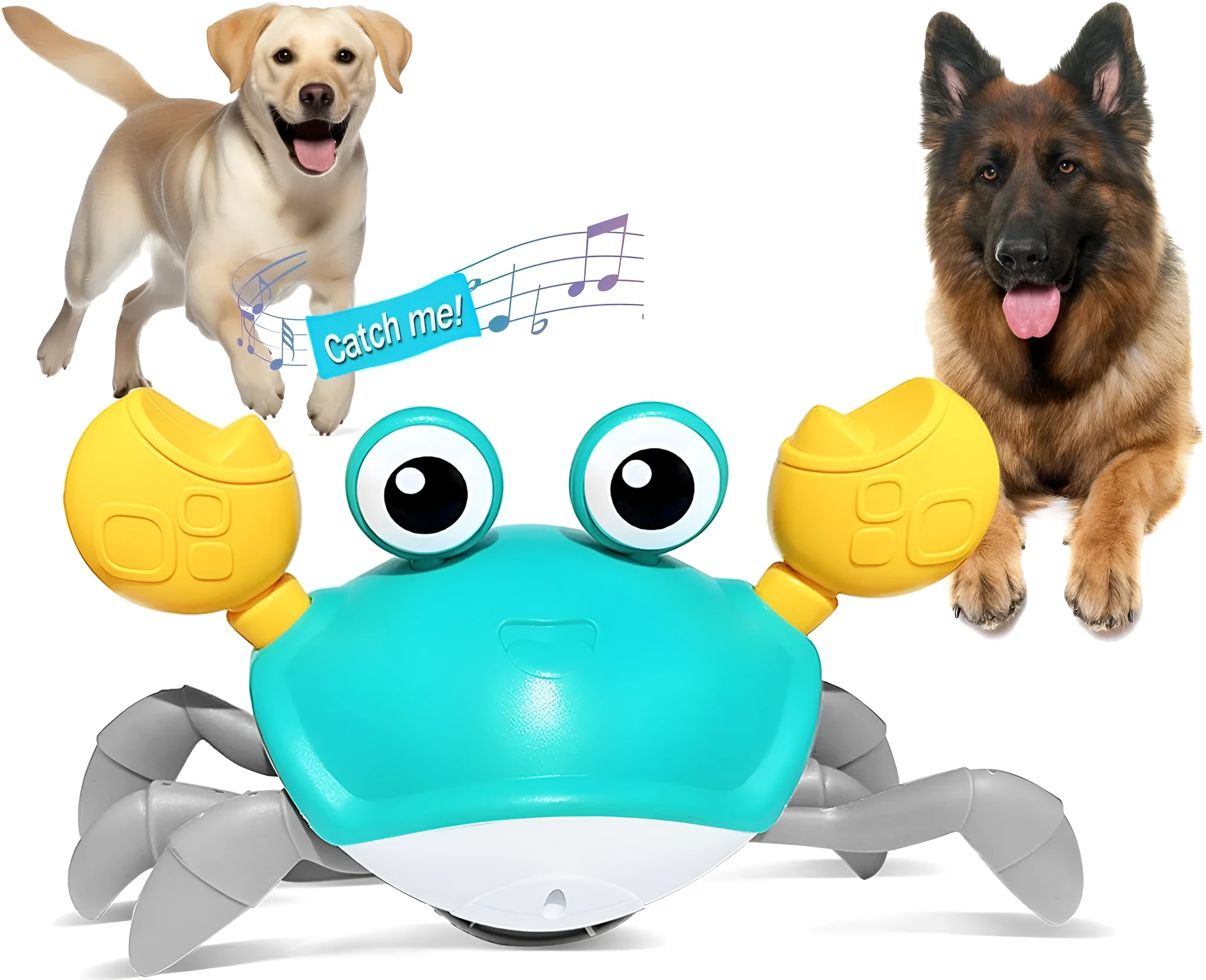 Blue crawling crab dog toy with obstacle avoidance sensors and LED lights