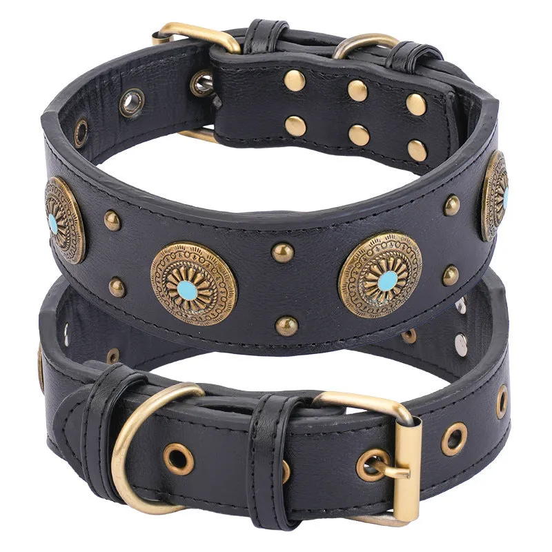 Retro high-end leather dog collar in brown with monochrome pattern for medium and large dogs