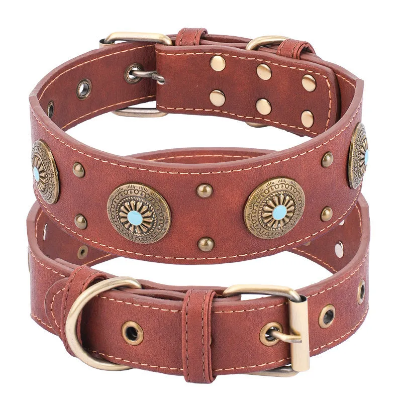 Retro high-end leather dog collar in brown with monochrome pattern for medium and large dogs