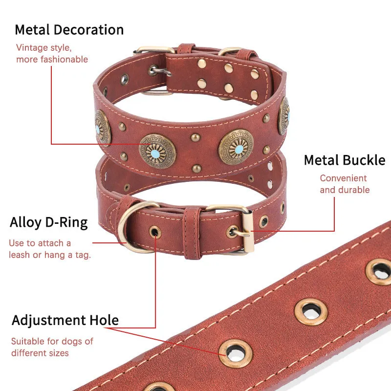 Retro high-end leather dog collar in brown with monochrome pattern for medium and large dogs