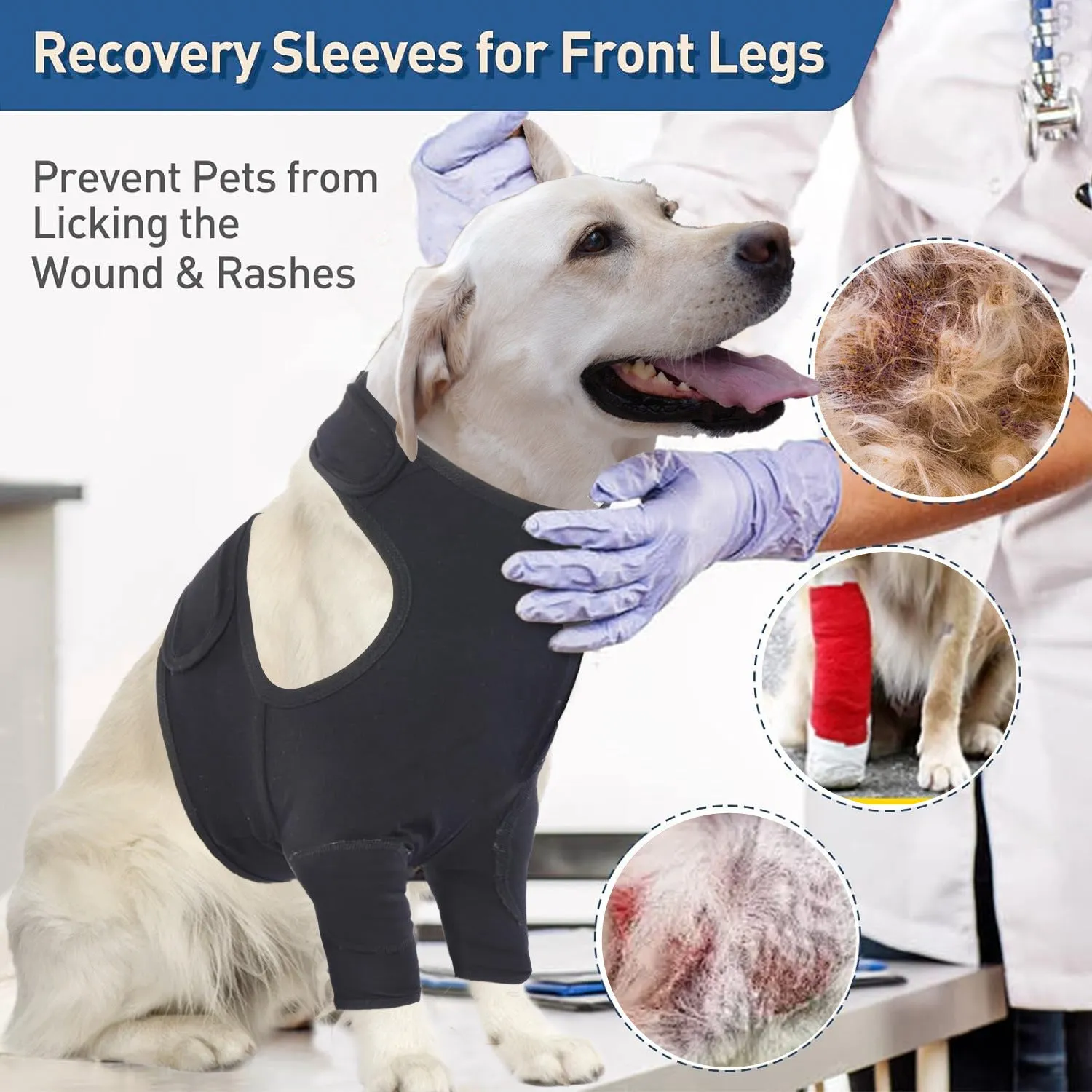 Pet front leg sleeve wrap in black for dog licking protection and elbow brace support, size M