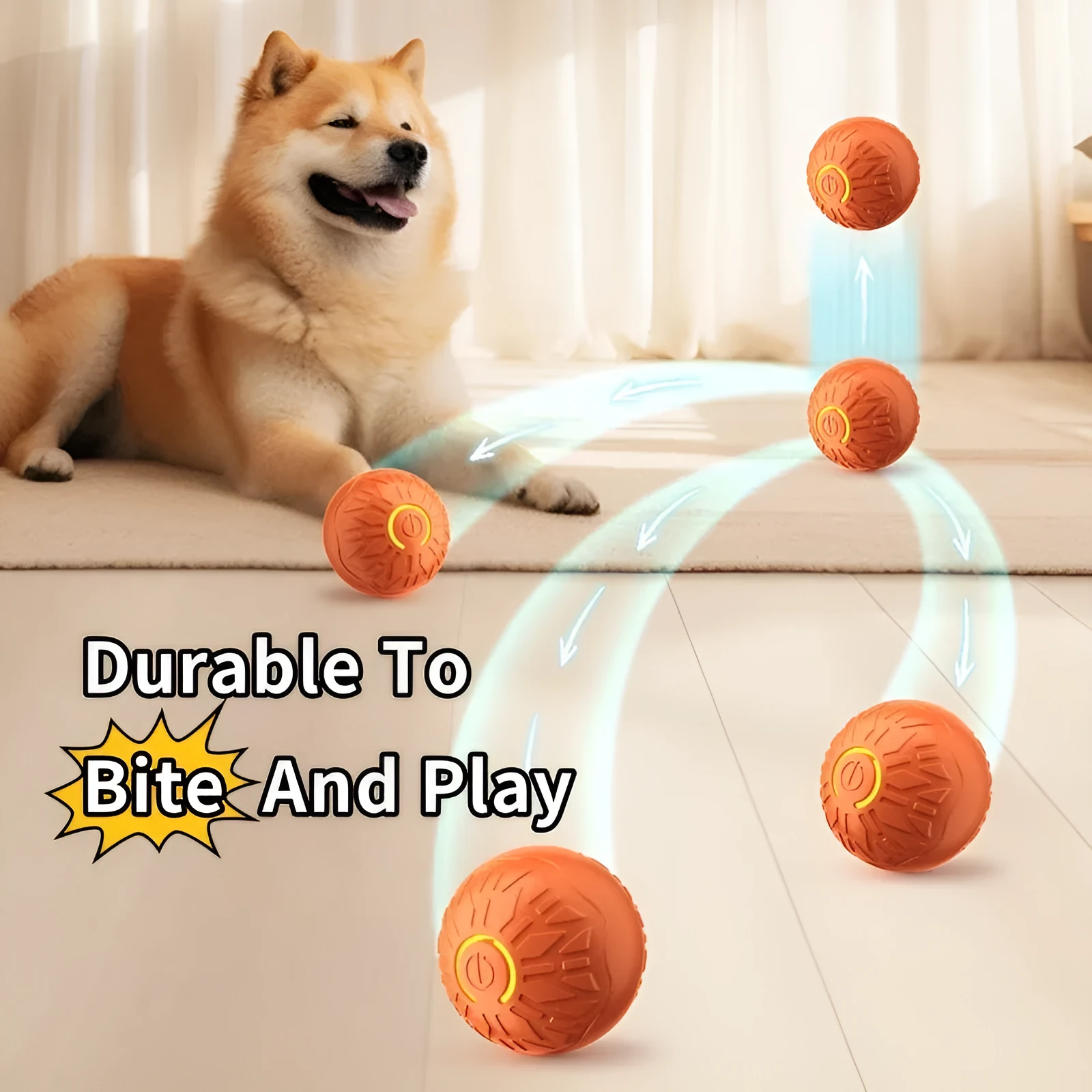 Blue electric jumping ball for dogs with silicone shell on a wooden floor