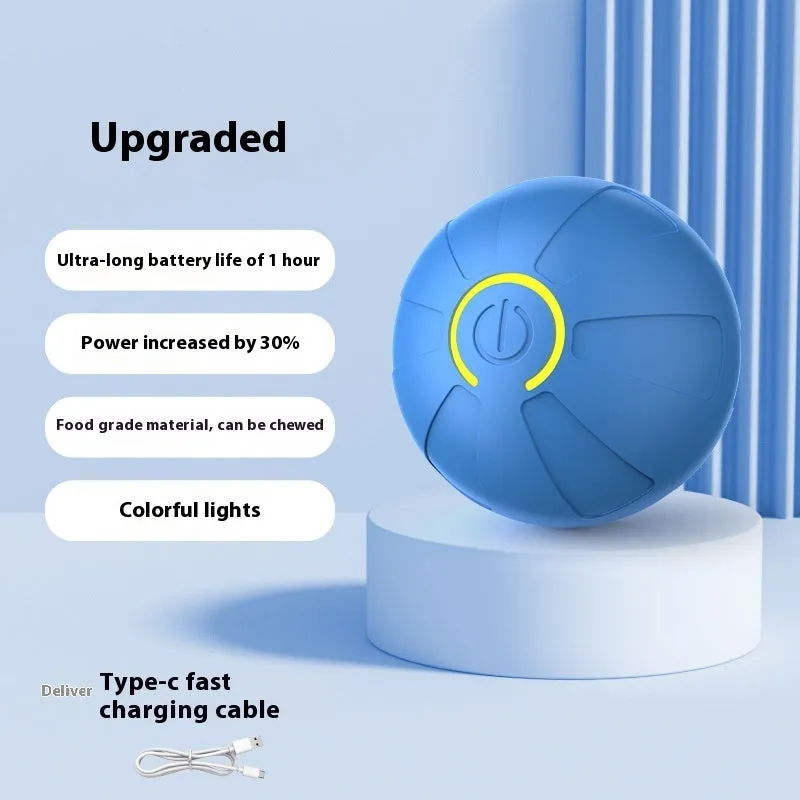 Blue electric jumping ball for dogs with silicone shell on a wooden floor