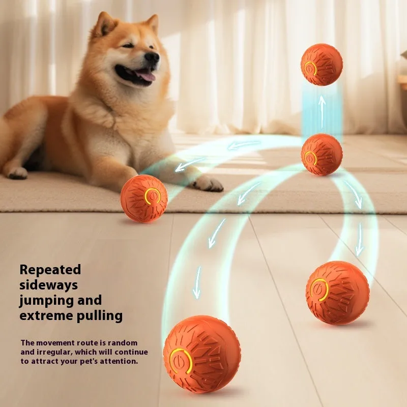 Blue electric jumping ball for dogs with silicone shell on a wooden floor