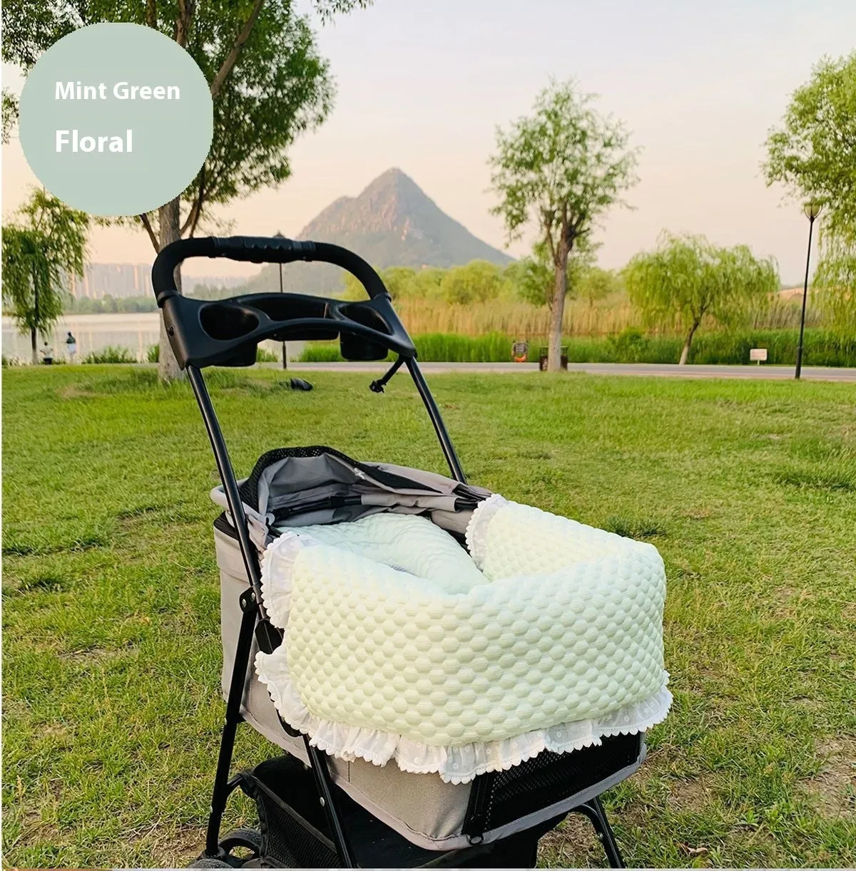 Cotton pet stroller set with anti-dirty towel, cushion, and pillow in a striped pattern.