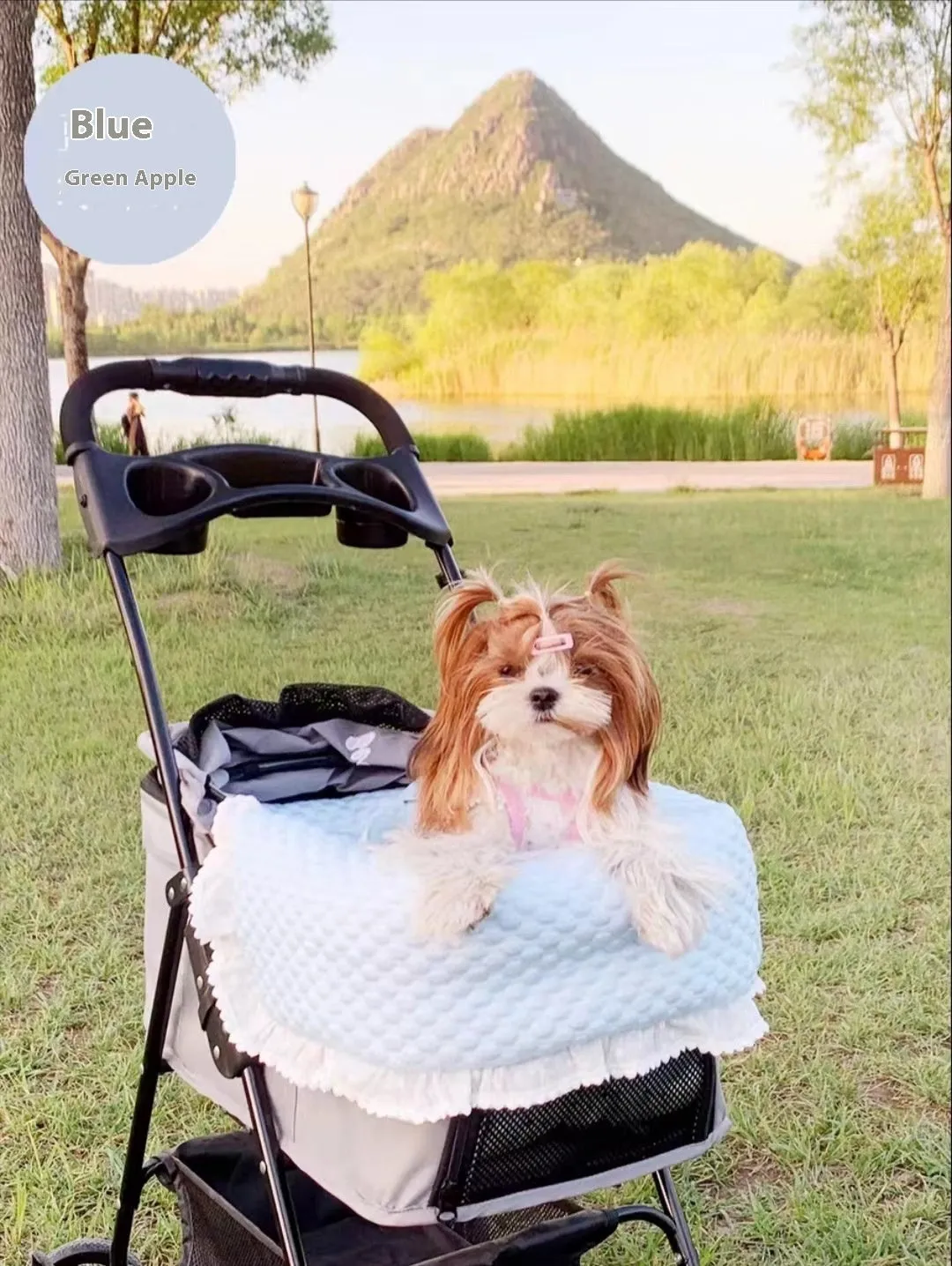 Cotton pet stroller set with anti-dirty towel, cushion, and pillow in a striped pattern.