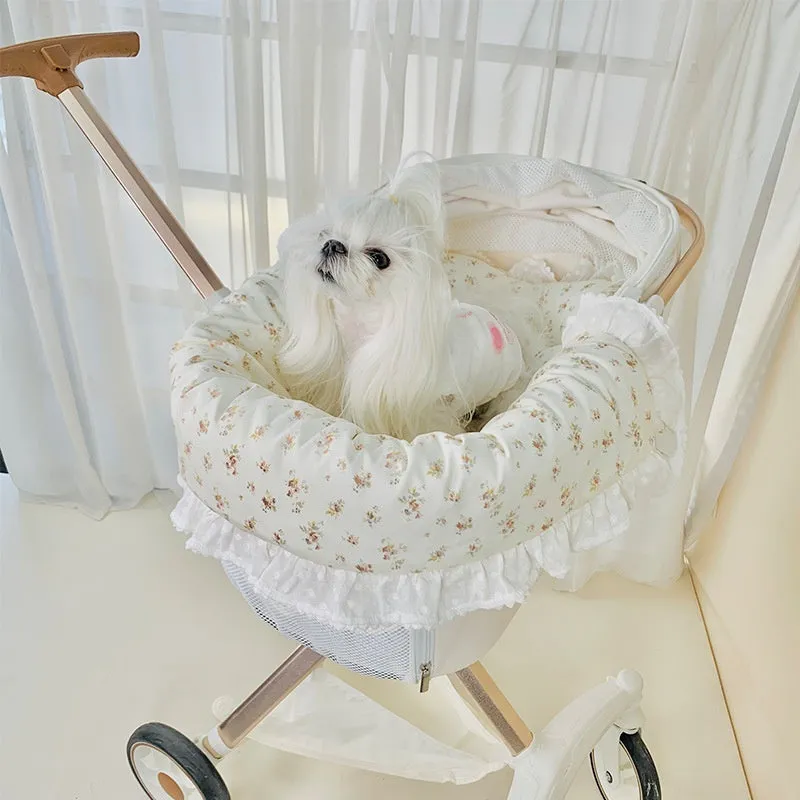 Cotton pet stroller set with anti-dirty towel, cushion, and pillow in a striped pattern.