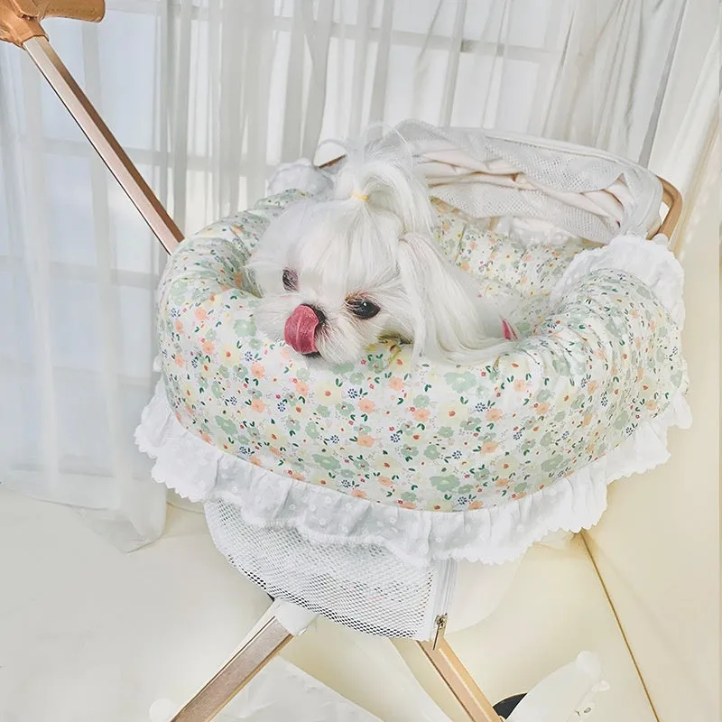 Cotton pet stroller set with anti-dirty towel, cushion, and pillow in a striped pattern.