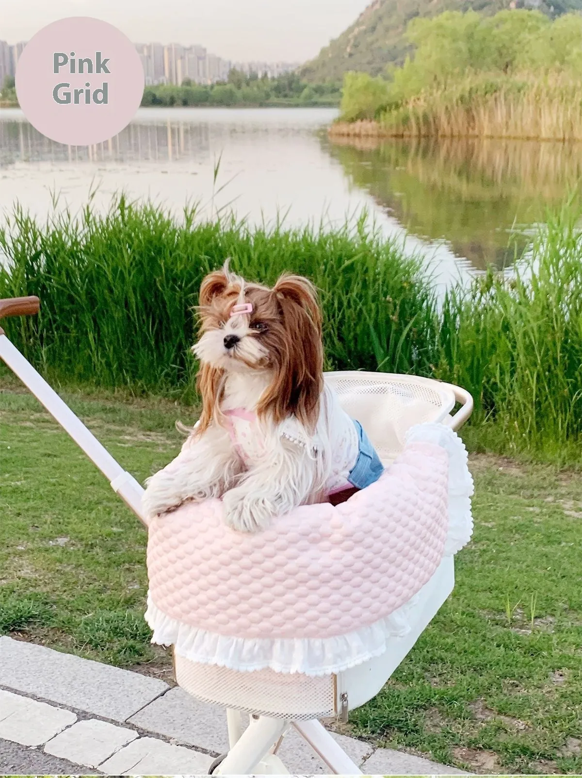 Cotton pet stroller set with anti-dirty towel, cushion, and pillow in a striped pattern.
