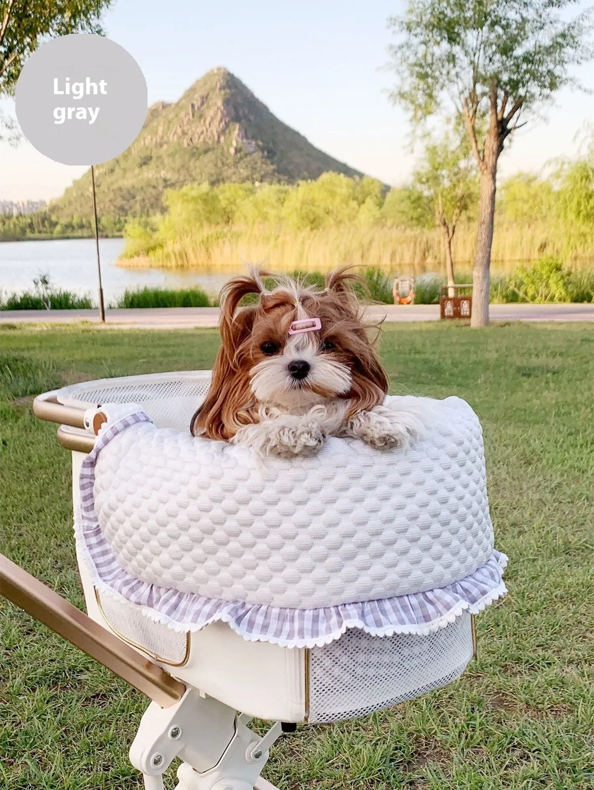 Cotton pet stroller set with anti-dirty towel, cushion, and pillow in a striped pattern.